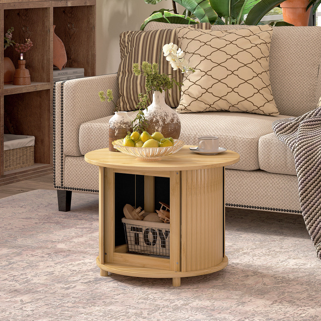 Table basse ronde table de salon en bambou avec rangement caché et porte coulissante, dim. Ø 60 x 45H cm, bois naturel-9