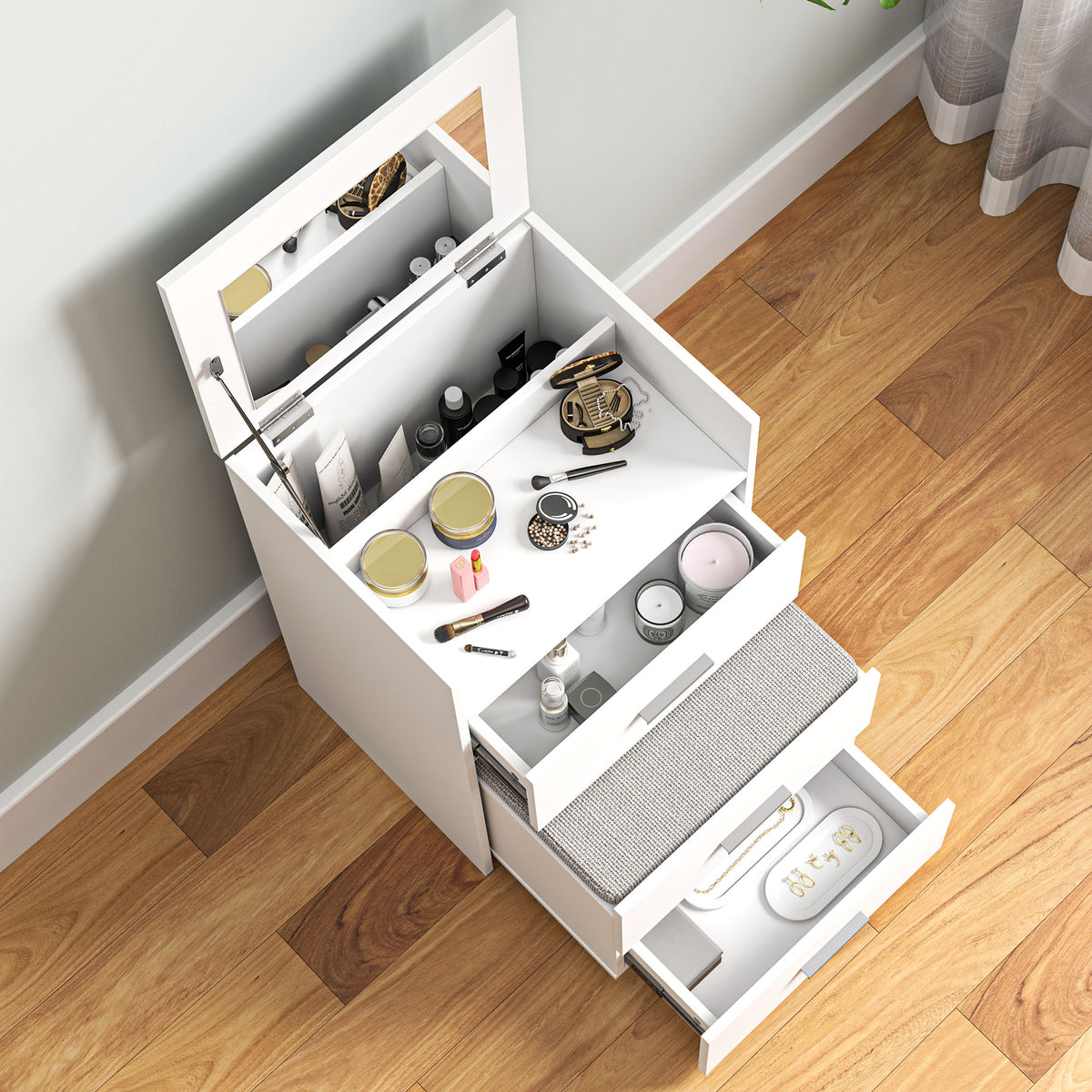 Coiffeuse avec miroir relevable et tabouret à roulettes, table de maquillage avec 2 tiroirs, coussin amovible, blanc-7
