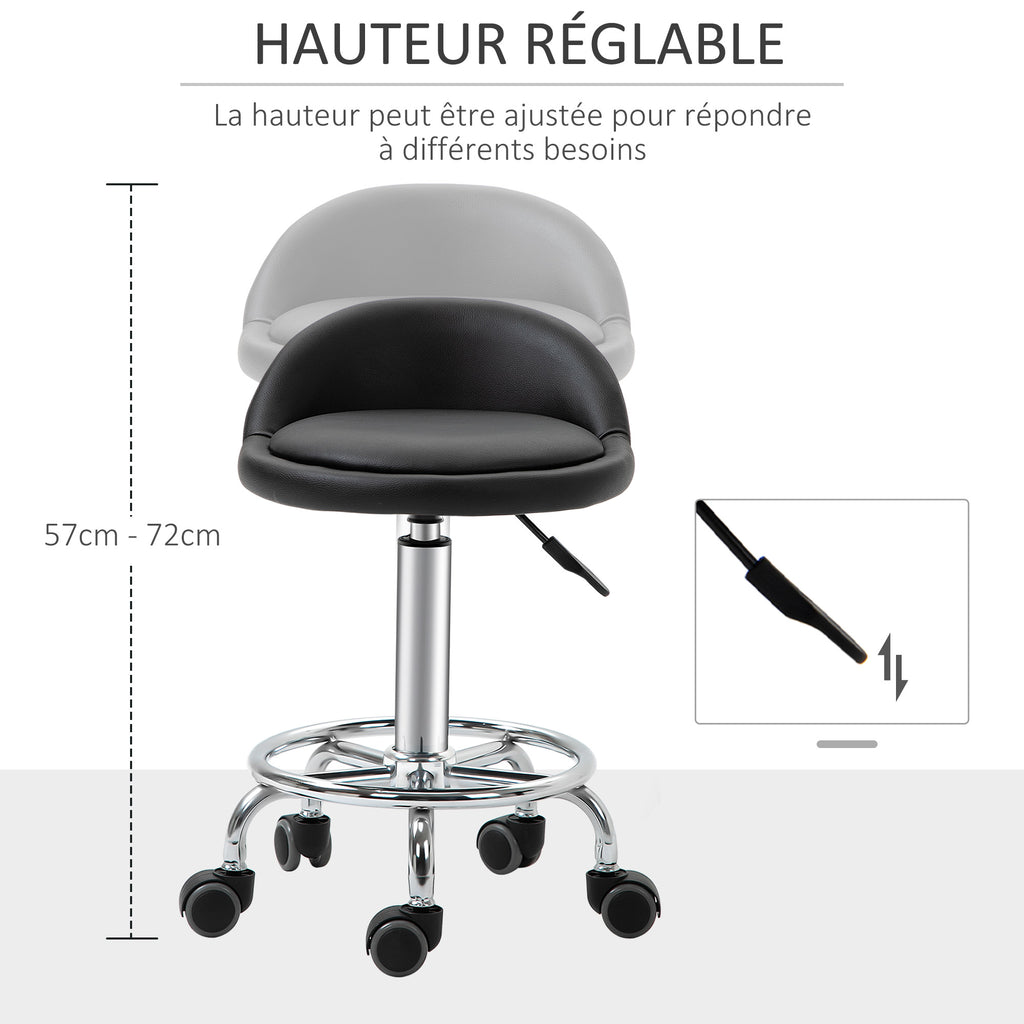 Lot de 2 tabouret à roulette pivotant 360°, assise réglable 47-62H cm, acier chromé revêtement synthétique noir-3