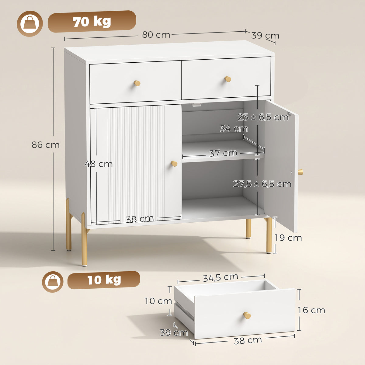 Buffet Salon, Meuble de Rangement avec 2 Portes, 2 Tiroirs, Étagères Réglables et Pieds en Métal, 80 x 39 x 86 cm, Blanc-2