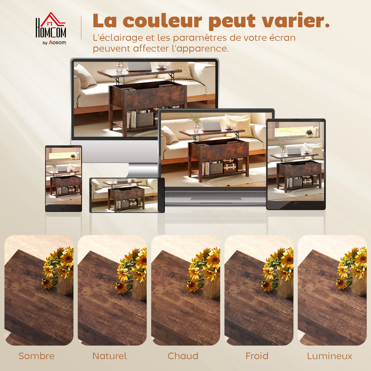 Table basse relevable et extensible table de salon avec compartiment caché étagère ouverte 100x45x50,5cm brun rustique-7