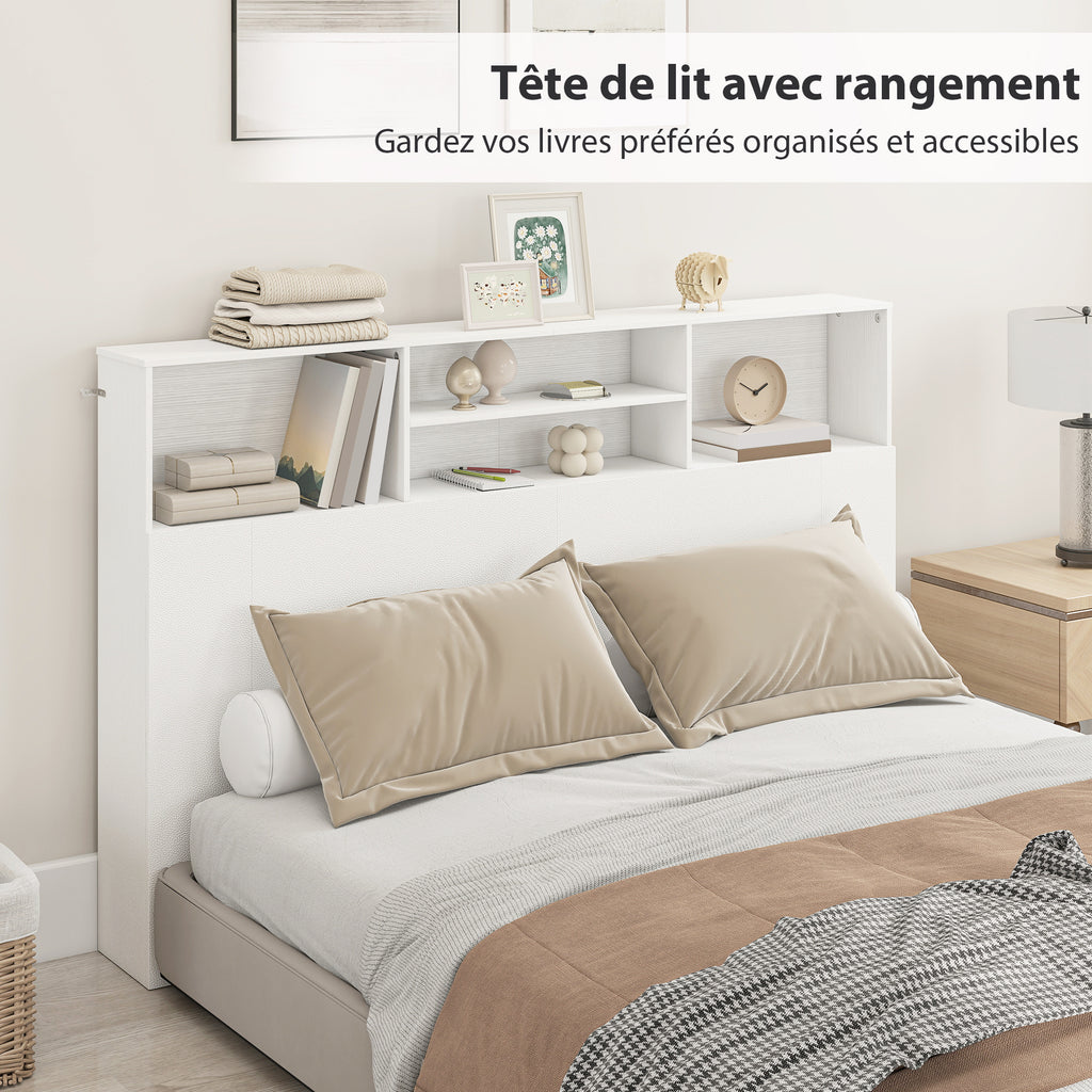 Tête de lit sur pied avec rangements, accessoire de lit 4 compartiments ouverts, 160 x 20,2 x 108,2 cm, blanc-3