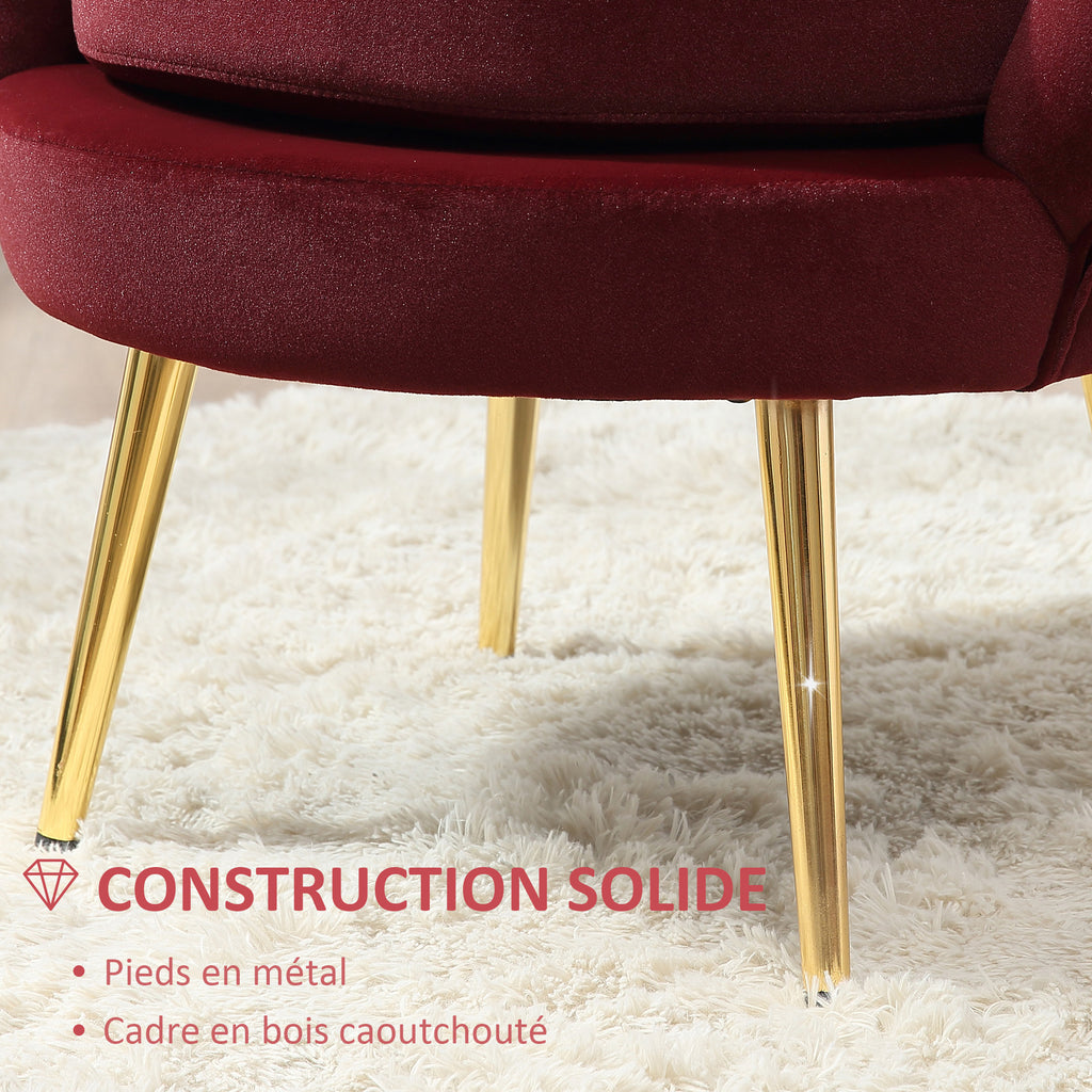 Fauteuil salon fauteuil en velours fauteuil coquillage avec pieds en métal doré pour chambre à coucher, rouge-5