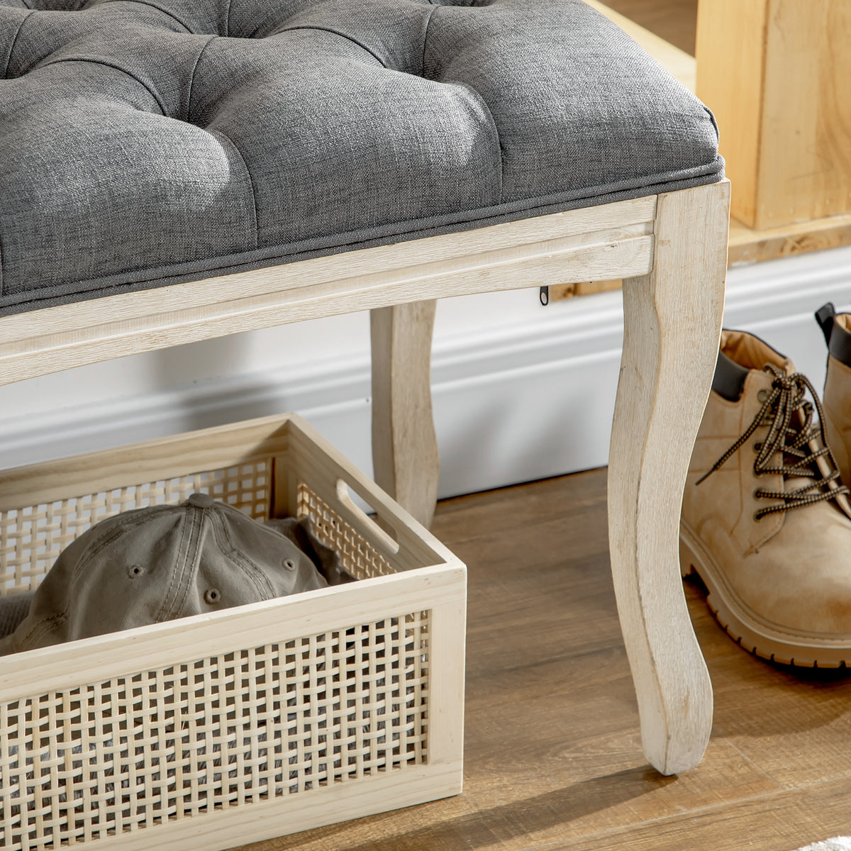 Banc Banquette capitonnée Style Classique 110 cm Bout de lit Rembourrée en lin piètement Bois hévéa sculpté Lin Gris-8