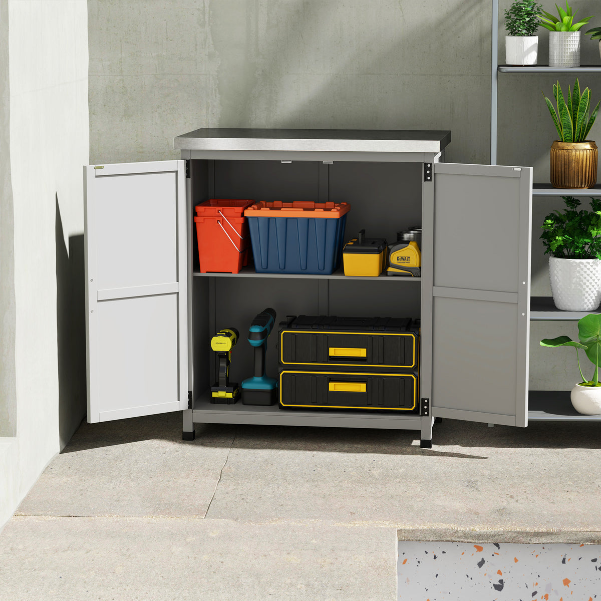Armoire de jardin en Bois Extérieur, armoire de rangement de Jardin avec Plan de Travail acier galvanisé 79x43x92cm gris-8