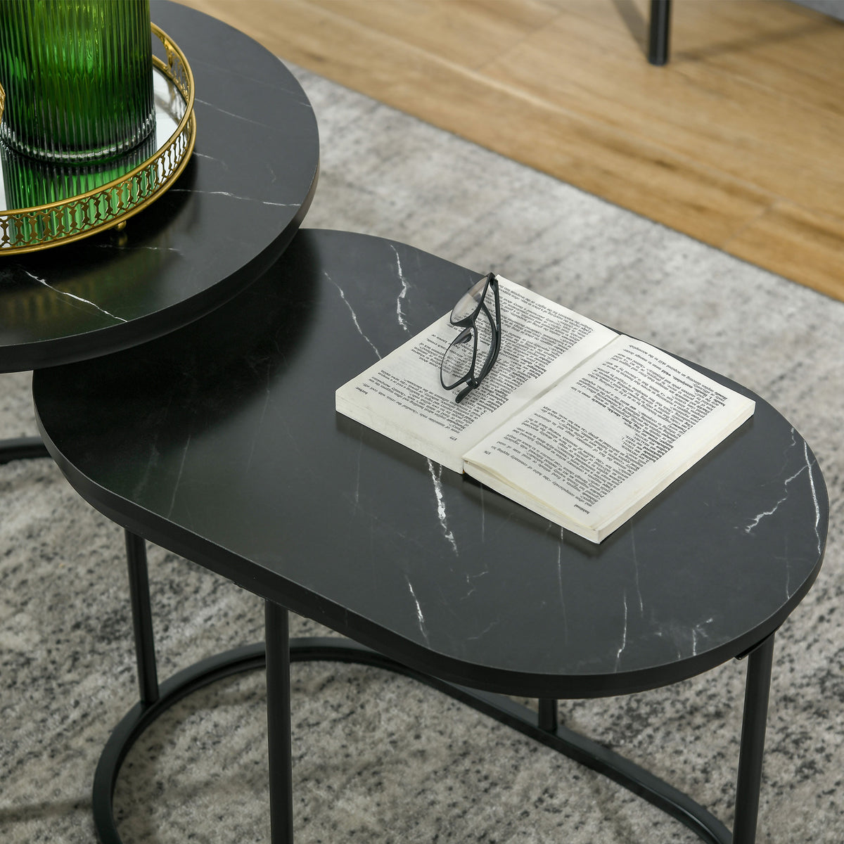 Lot de 2 tables basses tables d'appoint gigognes en acier et plateau MDF aspect marbre - table ronde et ovale - noir-8