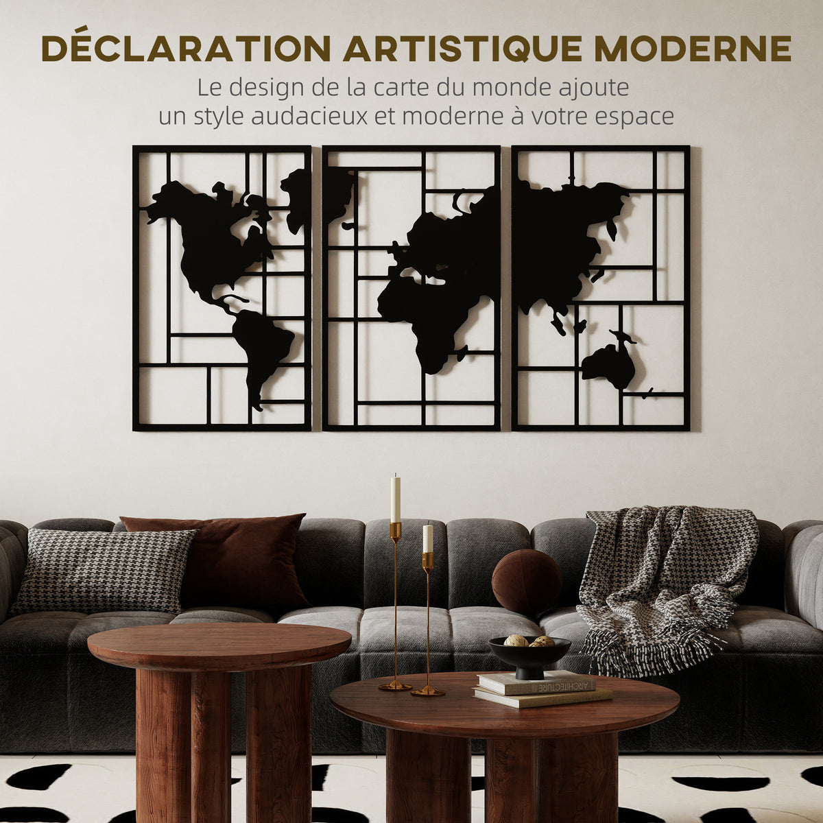 Lot de 3 décorations murales en métal moderne, sculpture murale en métal géométriques abstraites, 50 x 80 cm, noir-3