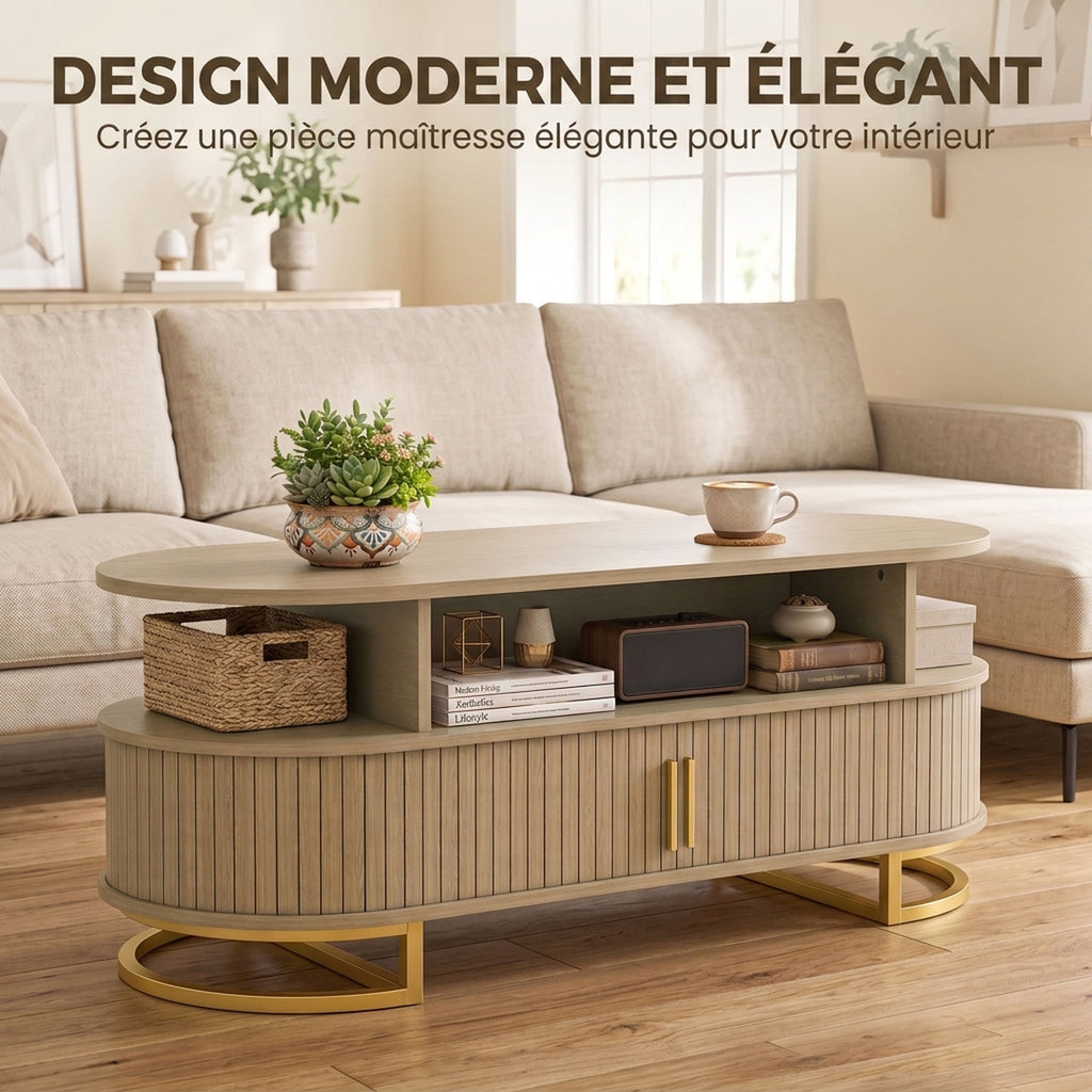 Table Basse Ovale, Table de Salon Moderne avec Portes à Tambour Coulissantes, Rangement Fermé, Étagères Ouvertes, Chêne-3