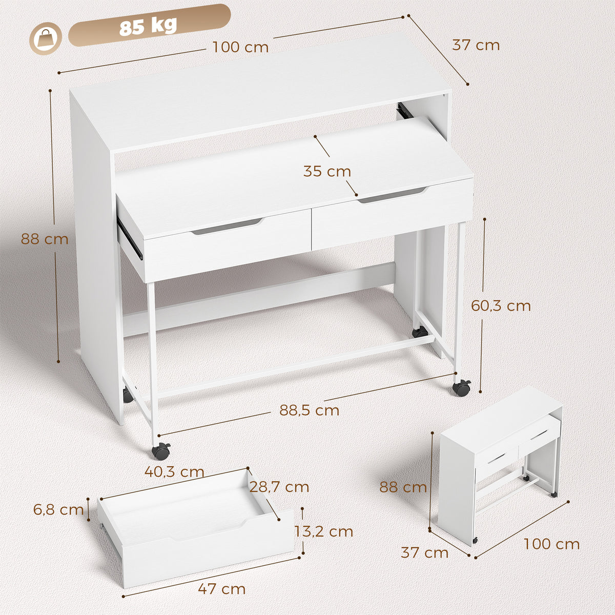 Bureau d'Ordinateur Extensible 100 cm avec 2 Tiroirs, Bureau avec Rangement, Style Moderne, Blanc-2