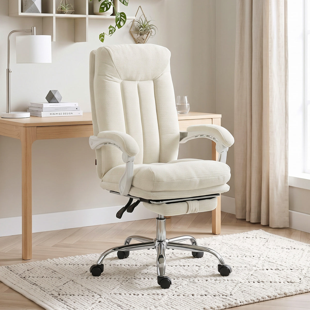 Chaise Bureau Ergonomique, Fauteuil de Bureau Inclinable en Chenille, Hauteur Réglable, Repose-Pieds, Crème-1