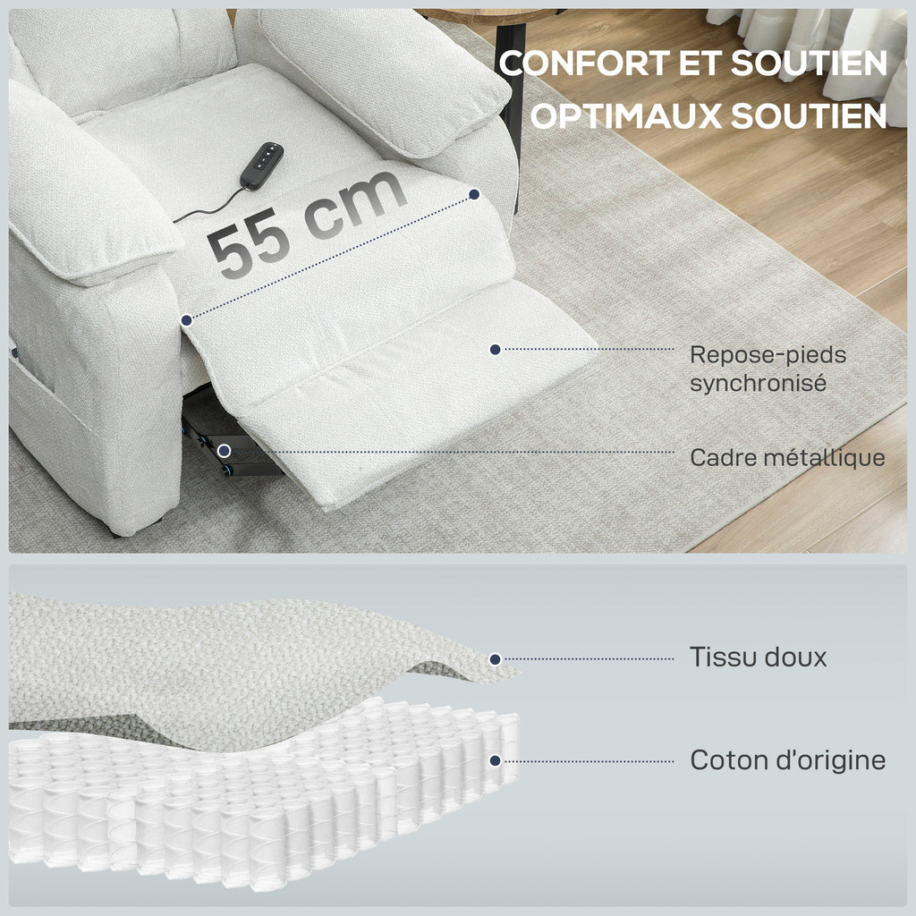Fauteuil relax électrique fauteuil inclinable port USB repose-pieds poches latérales télécommande 86x90x103cm crème-4