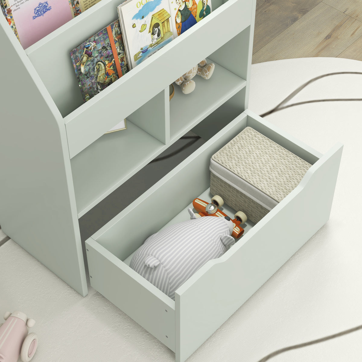 Bibliothèque étagère Multi-Rangement 3 étagères 2 niches Grand tiroir en bois Vert clair-5