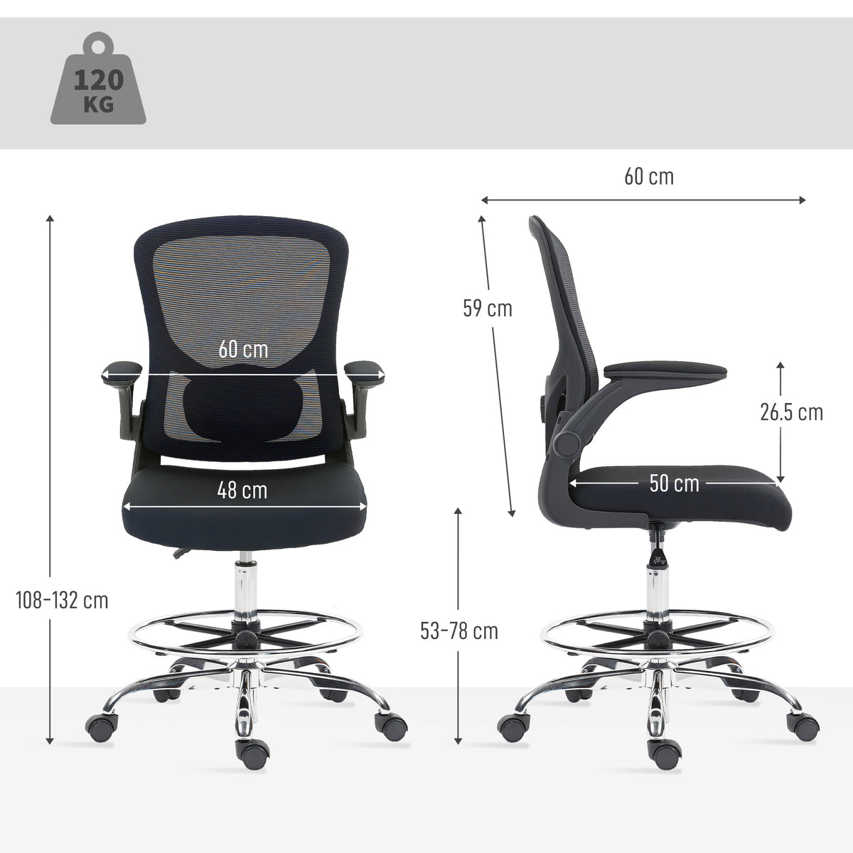 Chaise bureau ergonomique, chaise de dessin, support lombaire 4D, accoudoirs relevables, 60 x 60 x 108-132 cm, noir-2