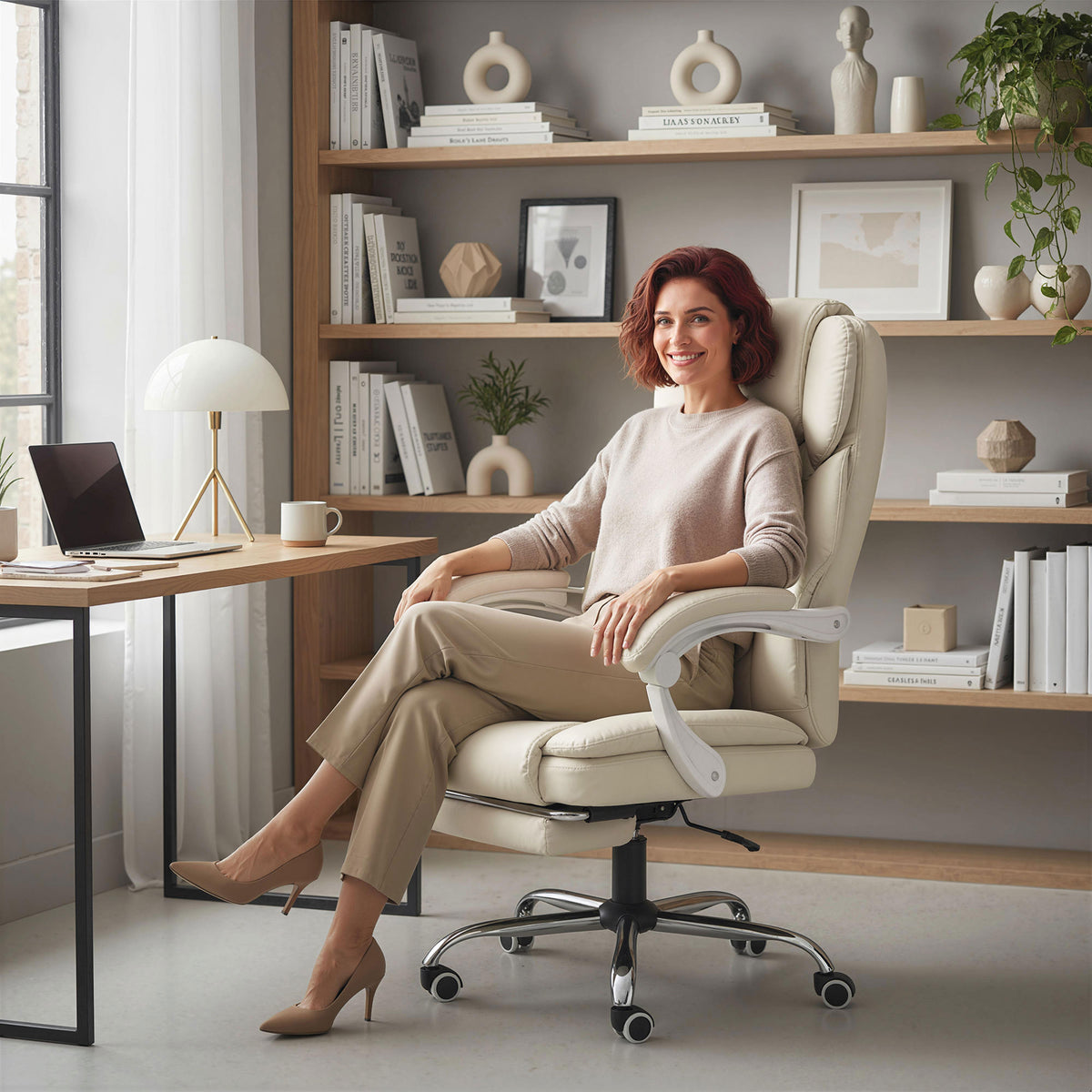 Chaise bureau ergonomique, fauteuil de bureau avec dossier inclinable, hauteur réglable, 64x73x112-120cm, beige-8