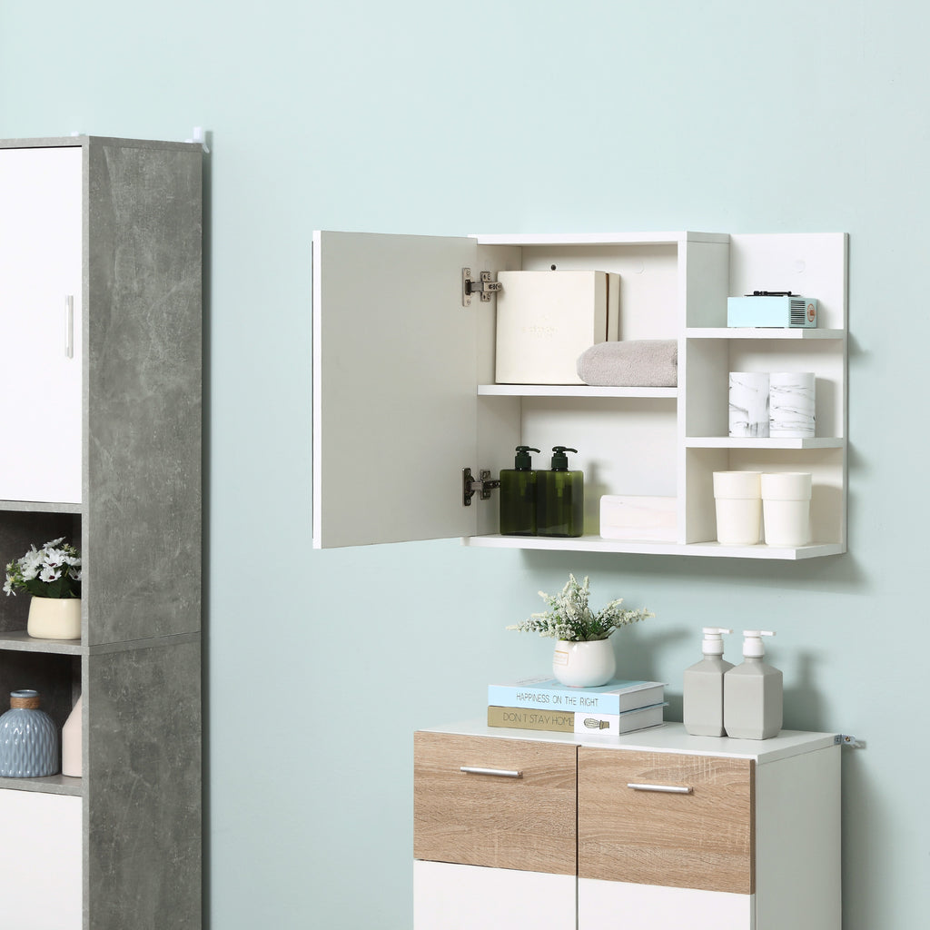 Armoire Miroir de Salle de Bain avec étagère 3 étagères latérales kit Installation Murale fourni en Bois Aspect Blanc-7