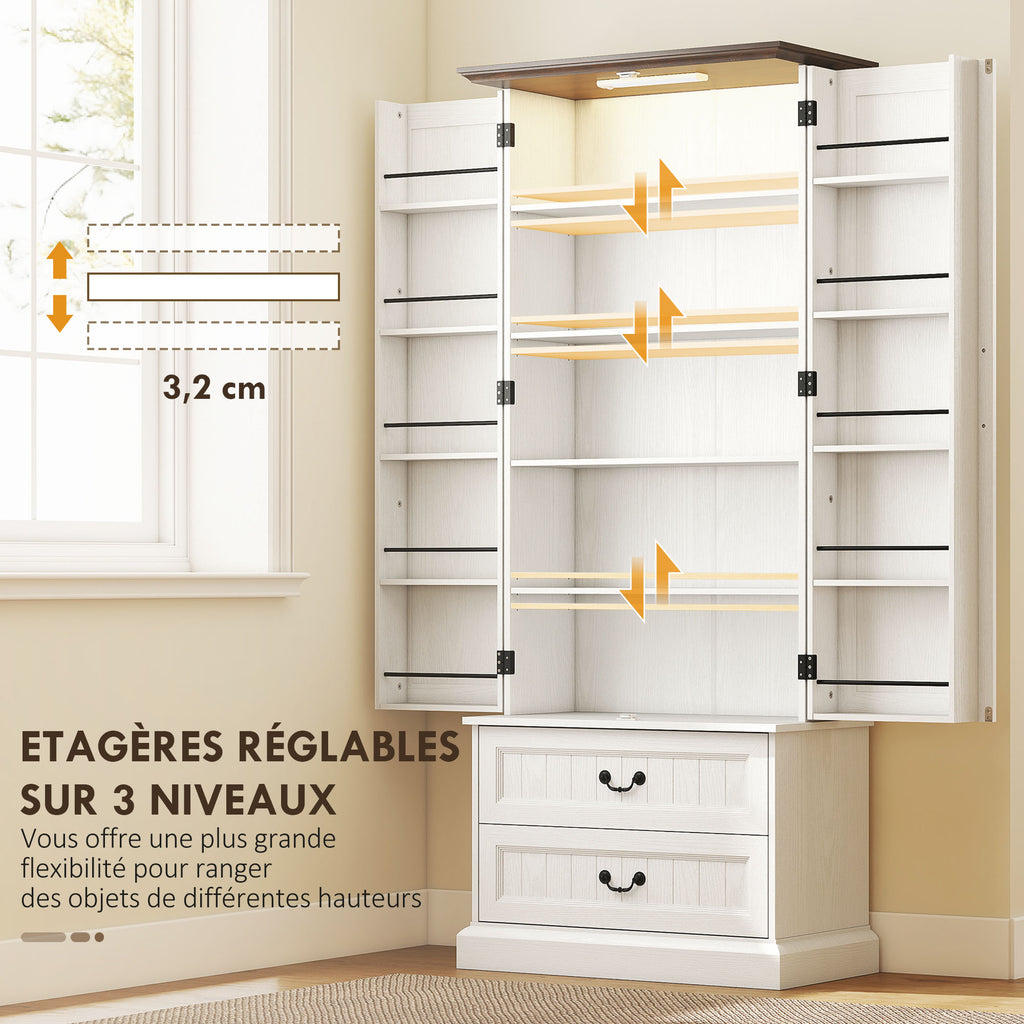 Buffet haut cuisine, armoire de cuisine, LED à capteur, 2 portes, tiroirs et étagères réglables, 76x39,5x183cm, blanc-5