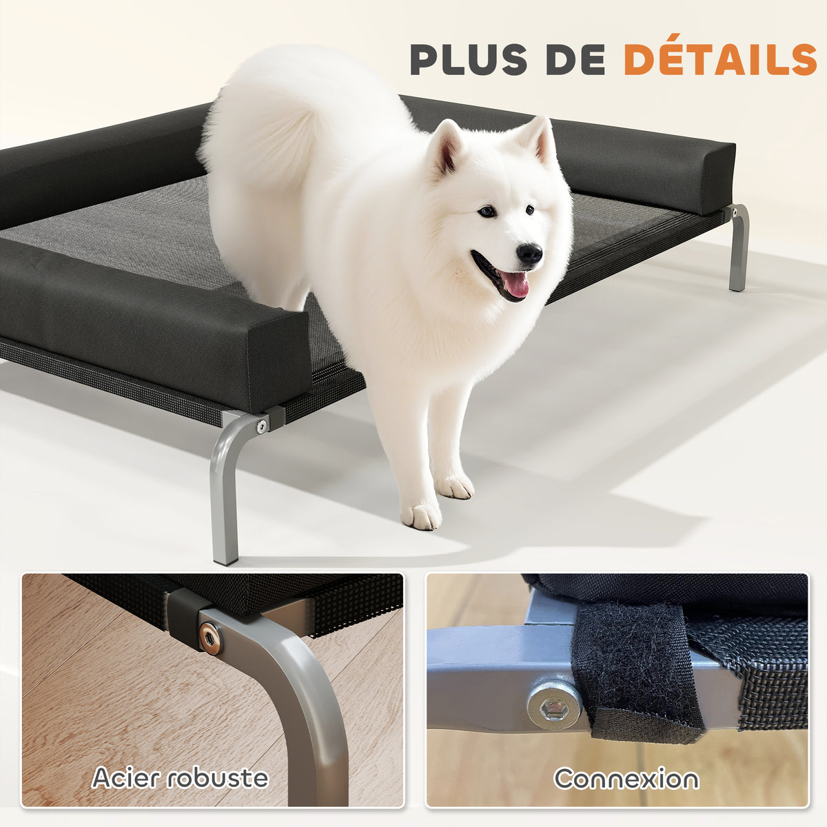 Lit surélevé pour chien rafraichissant, lit de camp pour chiens intérieur extérieur portable, 130 x 90 x 30 cm, noir-7