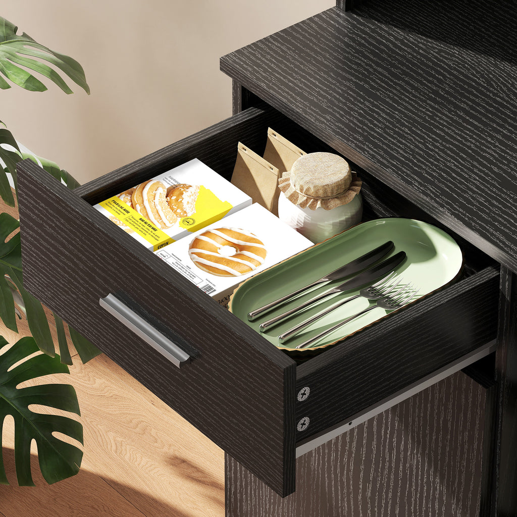 Buffet Haut Cuisine, Armoire de Cuisine avec 4 Portes à Fermeture Douce, Tiroir et Étagères Réglables, Noir-8