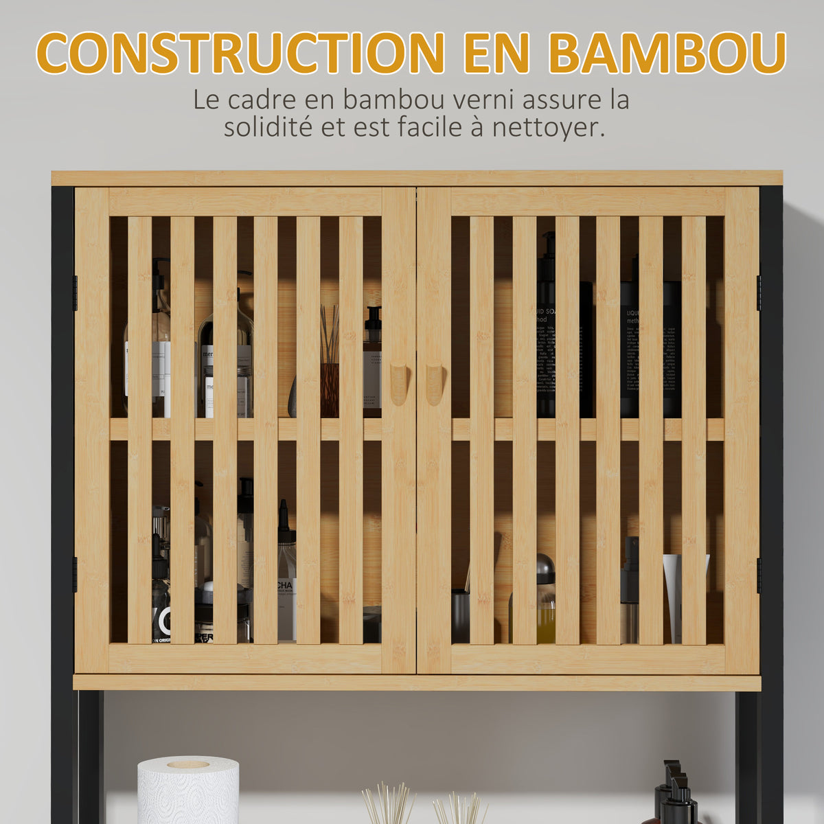 Étagère de toilettes meuble de salle de bain dessus toilette WC avec placard 2 portes et étagère ouverte bambou-5