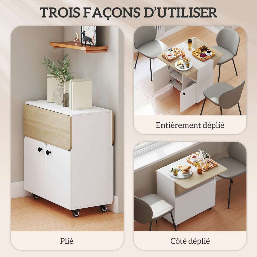 Table à manger pliante sur roulettes, table de cuisine 4 personnes, 2 abattants, étagère, placard, 70x83x75cm, blanc-3