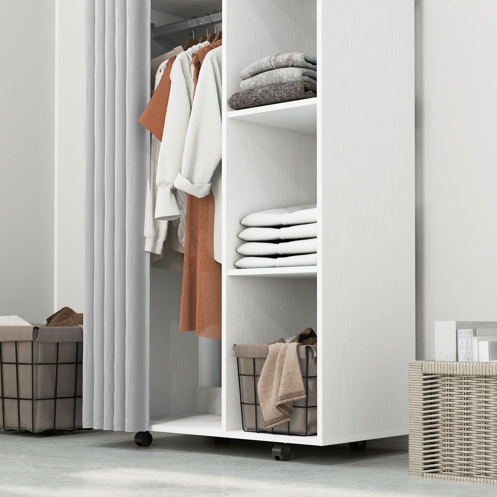 Armoire penderie vêtement dressing mobile 4 roulettes avec tringle à vêtements et étagères ouvertes, blanc-7