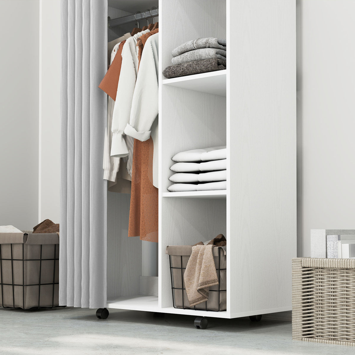 Armoire penderie vêtement dressing mobile 4 roulettes avec tringle à vêtements et étagères ouvertes, blanc-7