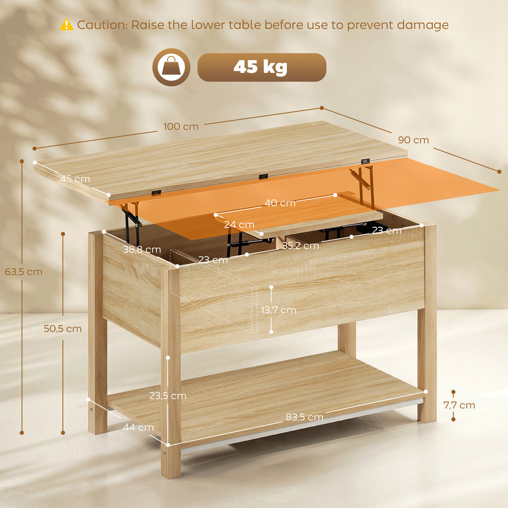 Table basse relevable et extensible table de salon avec compartiment caché étagère ouverte 100x45x50,5cm bois naturel-2