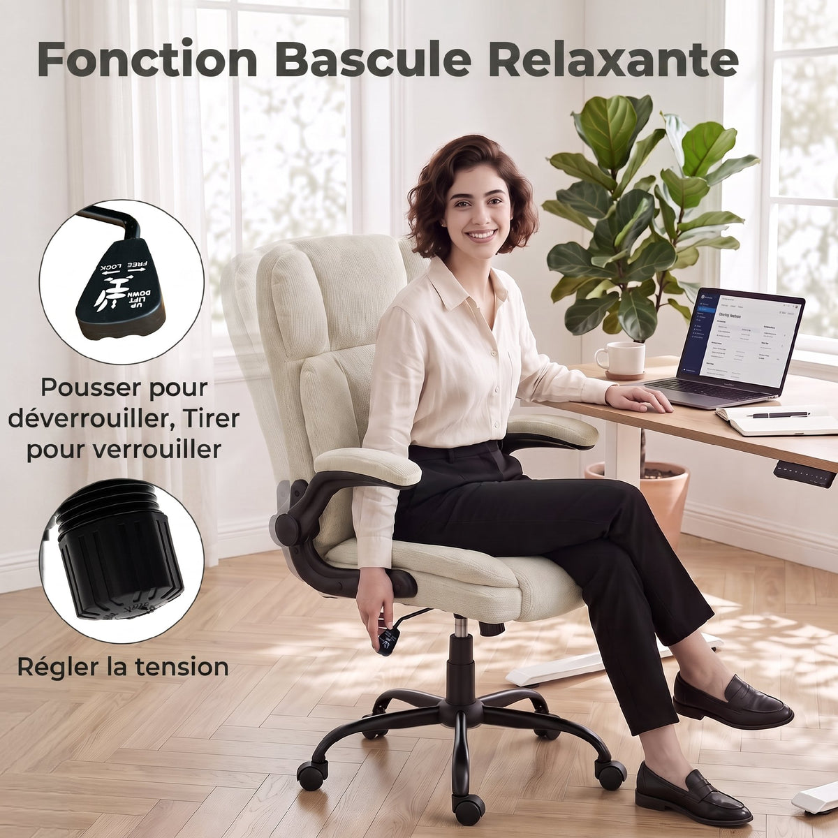 Chaise de Bureau Ergonomique en Chenille, Fonction Bascule, Accoudoirs Relevables, Hauteur Réglable, 70x67x108cm, Beige-6
