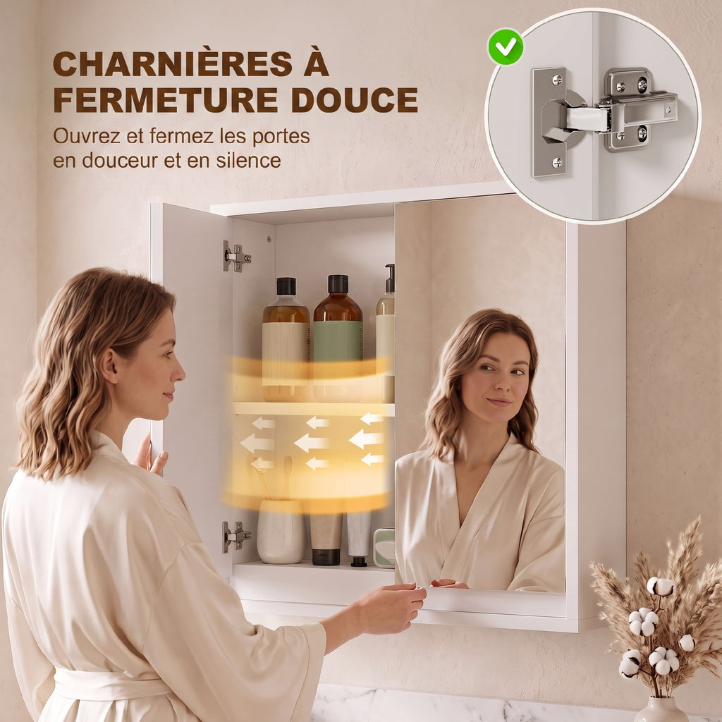 Armoire Murale Miroir Salle de Bain 2 étagères dim. 48L x 14l x 45H cm Panneaux Particules MDF Blanc-8