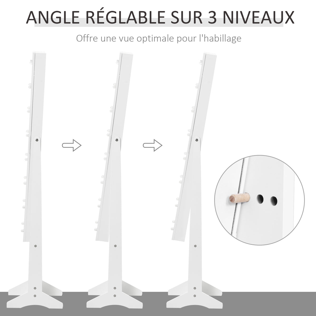 Armoire à bijoux armoire de rangement sur pieds boîte à bijoux avec miroir multi-rangements éclairage LED blanc-5