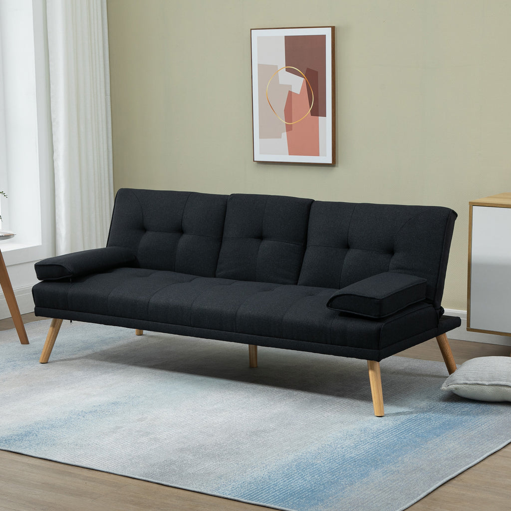 Canapé convertible 3 places, canapé-lit rembourré avec dossier réglable 3 niveaux, 2 coussins et 2 porte-gobelets intégrés, tissu de lin, pour salon, chambre d'amis, petit espace, gris-9