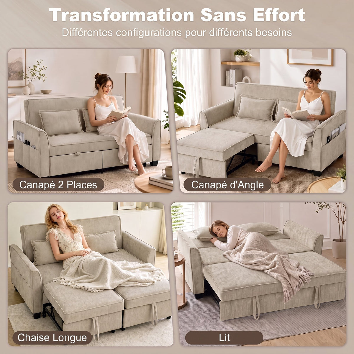 Canapé Convertible 2 Places 4 en 1, Canapé-Lit d'Angle en Chenille 167cm, Dossier Réglable, Assise Large, Marron-3