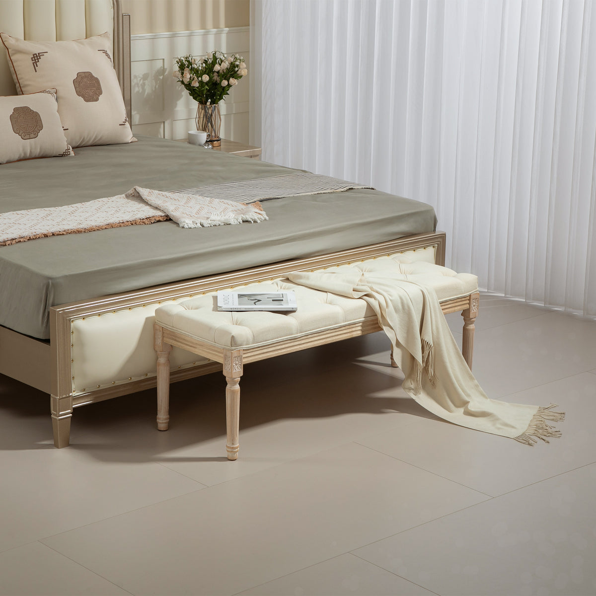 Banc Banquette classique capitonné 115cm bout de lit Rembourrée en lin - bois d'hévéa sculpté, patiné - crème-9