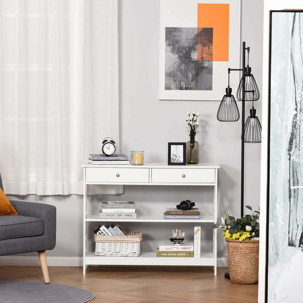 Table de console table d'entrée style table de drapier néo-rétro 2 tiroirs 2 étagères dim. 100L x 30,5l x 80H cm en bois blanc-5
