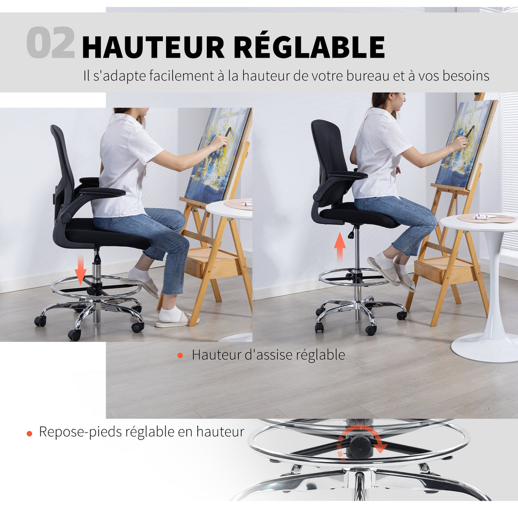 Chaise bureau ergonomique, chaise de dessin, support lombaire 4D, accoudoirs relevables, 60 x 60 x 108-132 cm, noir-4