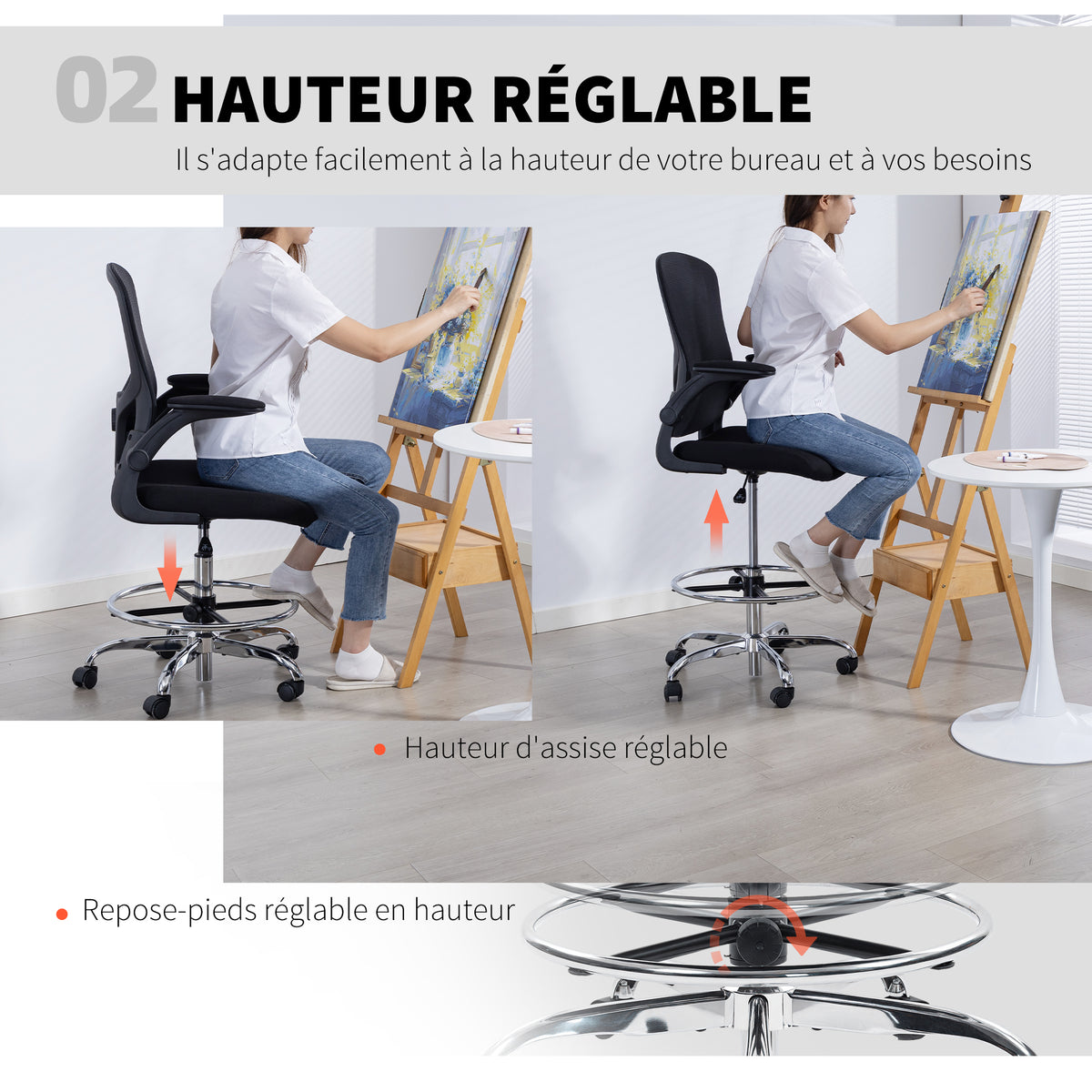 Chaise bureau ergonomique, chaise de dessin, support lombaire 4D, accoudoirs relevables, 60 x 60 x 108-132 cm, noir-4