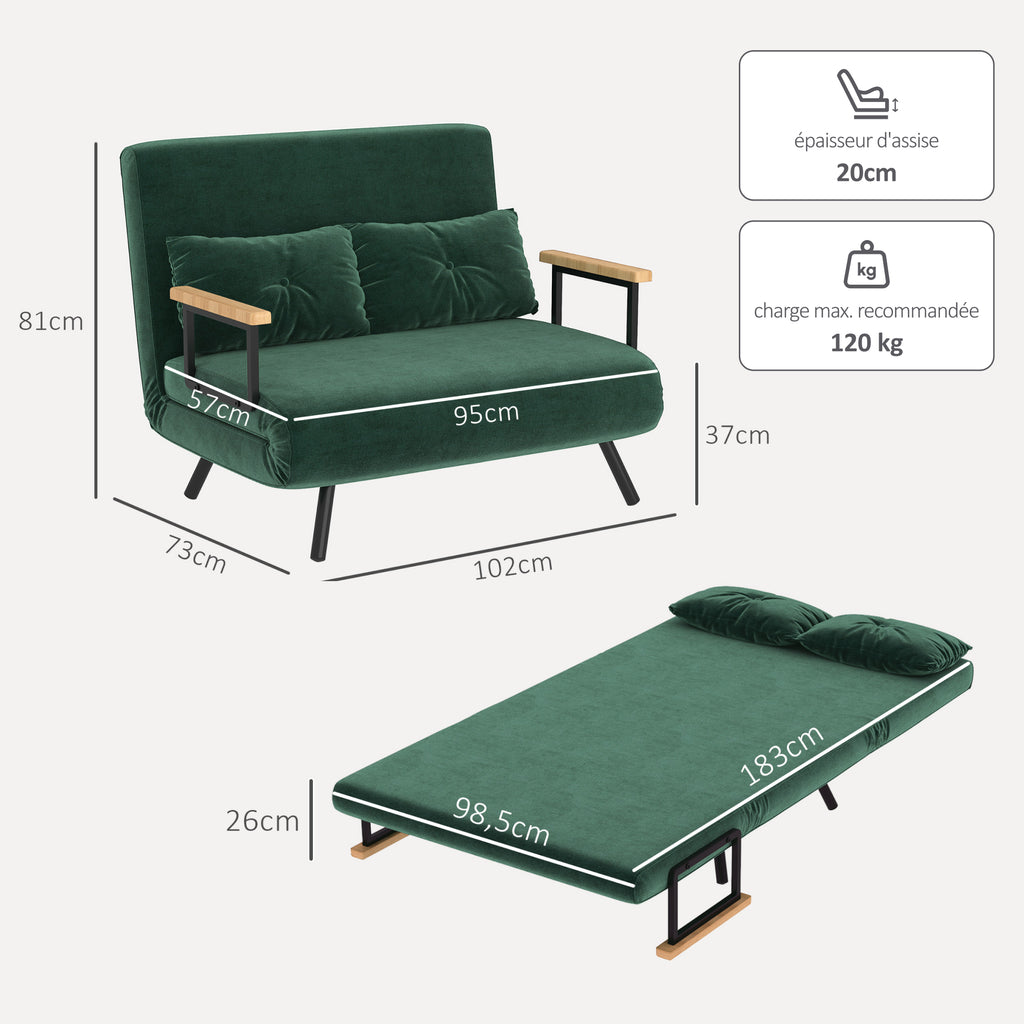 Canapé convertible 2 places 4 en 1, canapé-lit avec dossier réglable sur 5 niveaux, 2 coussins, 102 x 73 x 81 cm, vert-2