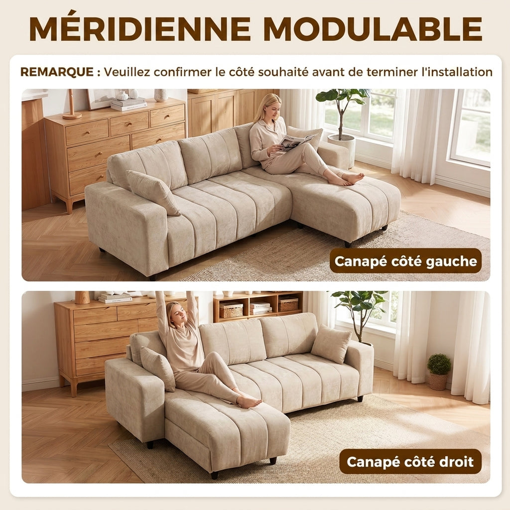 Canapé d'Angle Modulable 242 cm, Canapé 4 Places en L avec Méridienne Réversible, 2 Oreillers, Tissu Aspect Lin, Beige-3