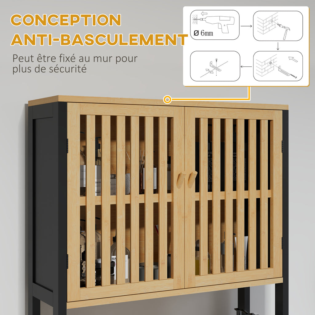 Étagère de toilettes meuble de salle de bain dessus toilette WC avec placard 2 portes et étagère ouverte bambou-7