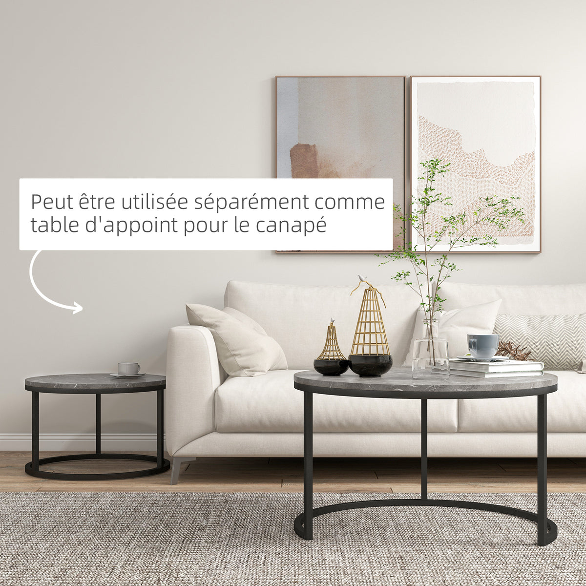 Lot de 2 tables basses gigognes empilable design industriel plateau imitation ciment pieds en métal gris-4