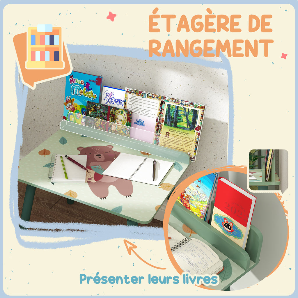 Ensemble table et chaise enfant table pour enfant avec chaise avec porte-livres motifs d'ours pour enfants 3-8 ans vert-4