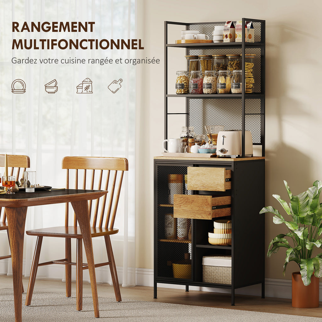 Buffet, armoire de cuisine, plan de travail, porte coulissante, tiroirs et étagères ouvertes, 60x40x180cm, bois naturel-3