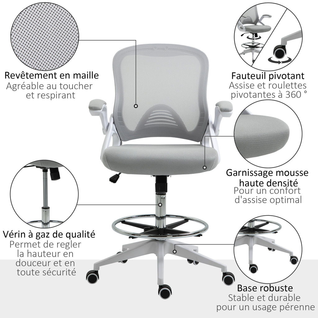 Fauteuil de bureau chaise de bureau assise debout hauteur réglable repose-pieds gris et blanc-6