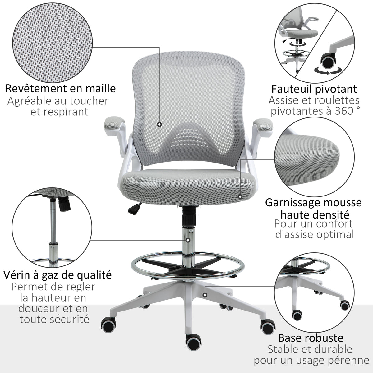 Fauteuil de bureau chaise de bureau assise debout hauteur réglable repose-pieds gris et blanc-6