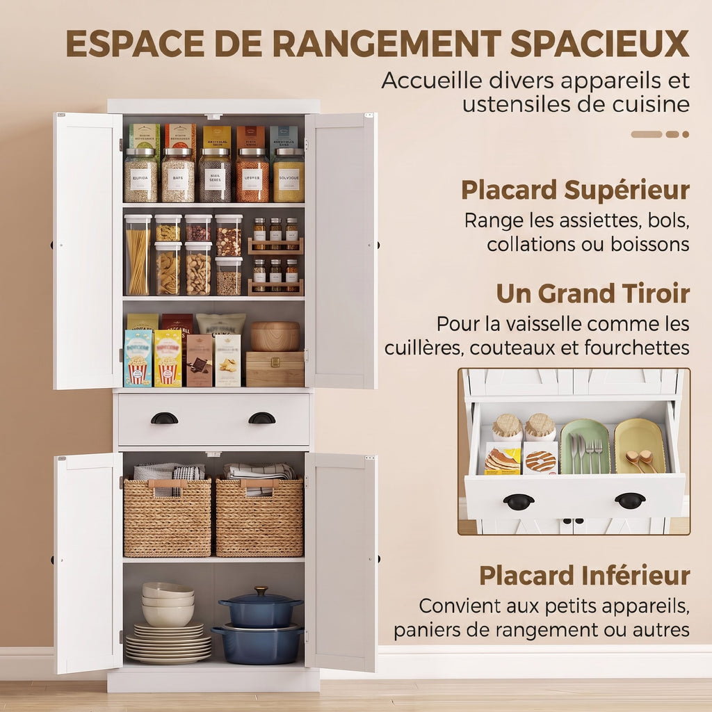 Buffet Haut Cuisine, Armoire de Cuisine avec 4 Portes, Tiroir et Étagères Réglables, Style Rustique, 62x38x173cm, Blanc-3