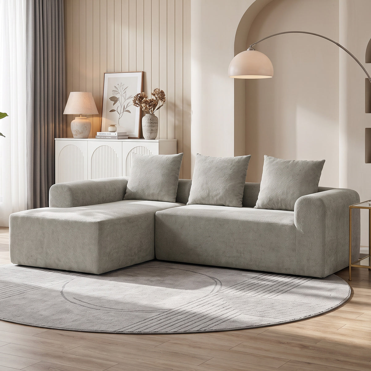 Canapé d'Angle en Chenille, Canapé 3 Places en L 242 cm avec Méridienne, Assise Profonde, Accoudoirs Larges, Gris Clair-1