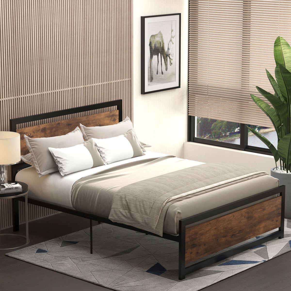 Cadre de lit double en acier avec sommier et tête de lit compatible matelas 190 x 140 cm aspect bois foncé-6