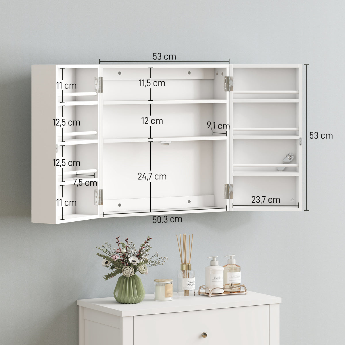 Armoire à pharmacie murale, armoire à médicaments avec double porte verrouillable 2 clés, 53x20x53cm, blanc-2