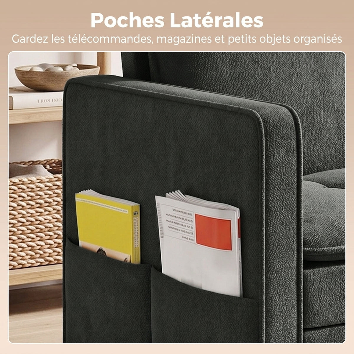 Canapé Convertible 2 Places, Canapé-Lit Clic-Clac 130 cm, Dossier Réglable, Poches Latérales, Gris Foncé-5