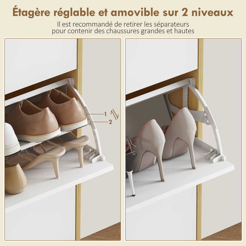 Meuble à chaussures, armoire à chaussures étroite, 3 tiroirs rabattables, porte haute brillante, 60x24x127cm, blanc-5